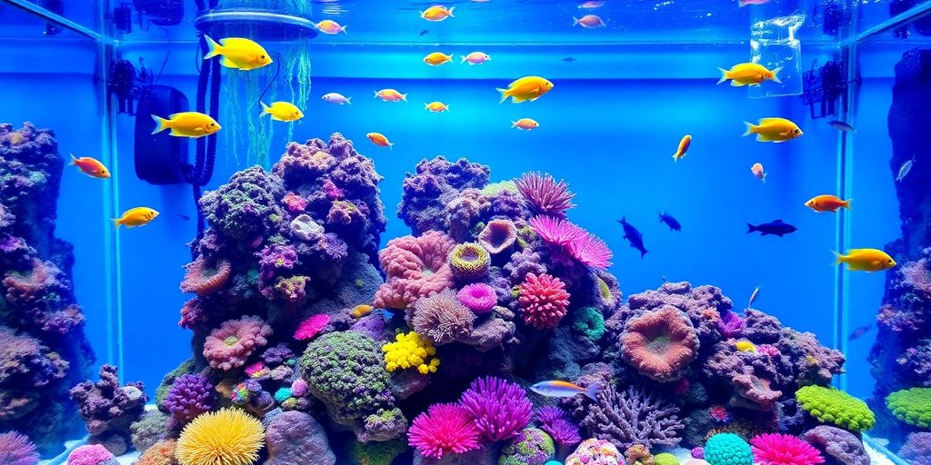 Colorful saltwater fish tank with coral and fish.