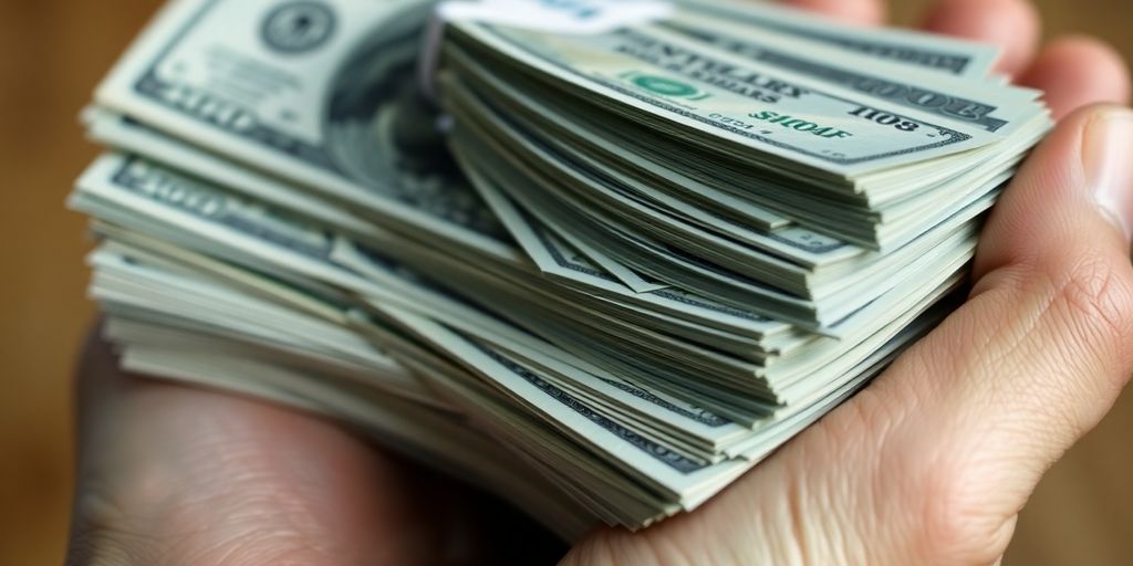 Person counting a stack of one thousand dollar bills.