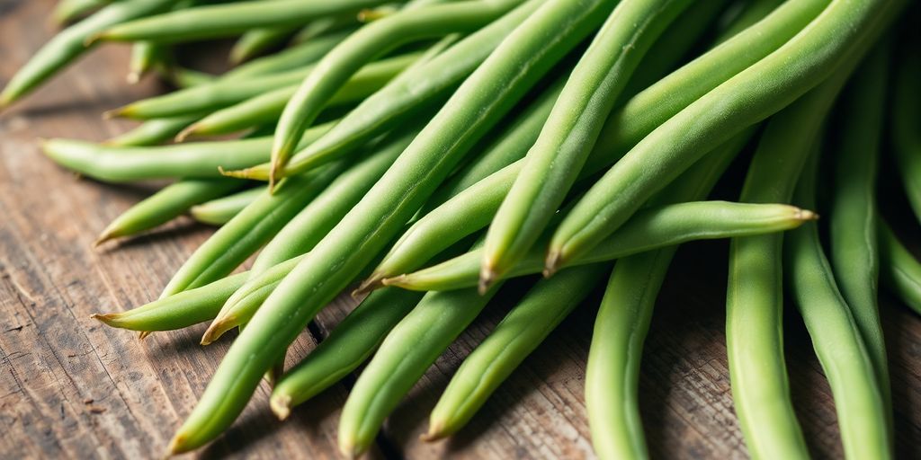 Fresh string beans on a wooden surface in natural light.