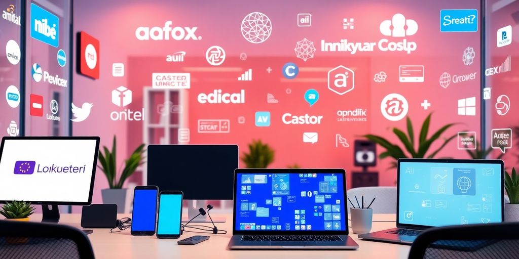 Modern workspace with digital devices and brand logos.