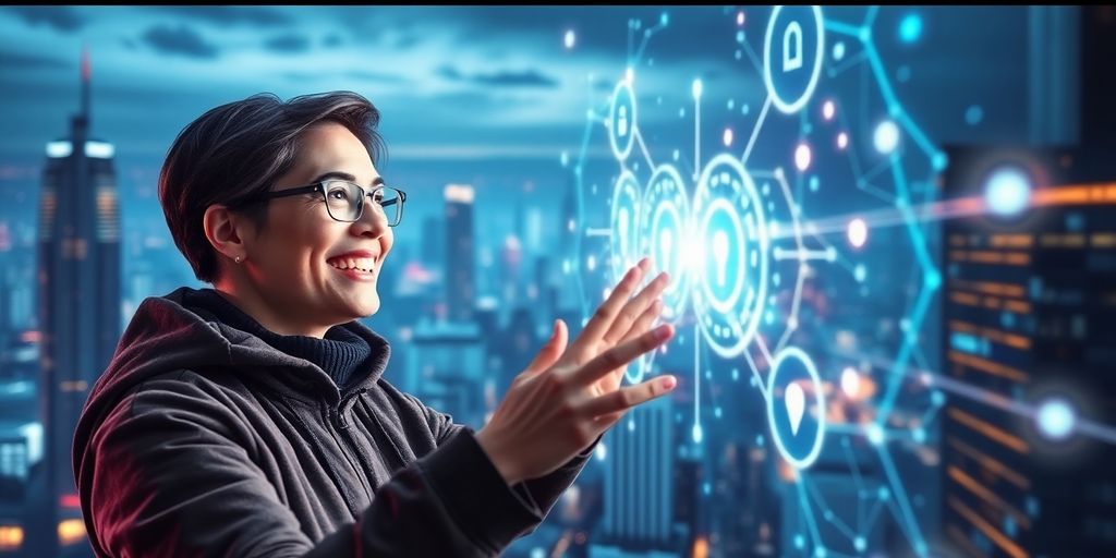 Cliente feliz interactuando con tecnología de IA.