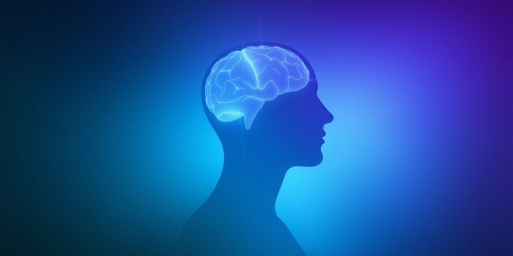 Silhouette with glowing brain and ethereal light gradient