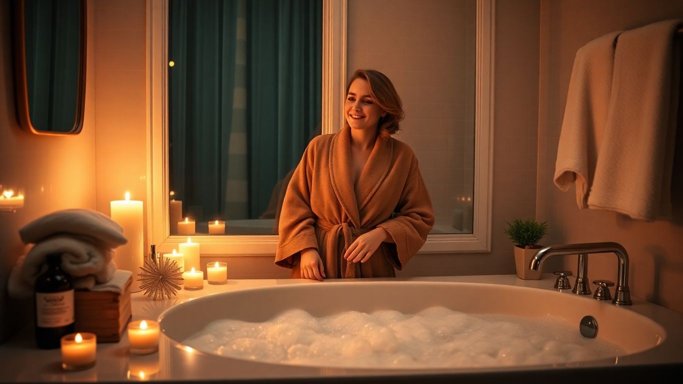 Woman enjoying nighttime bath in cozy candlelit bathroom.