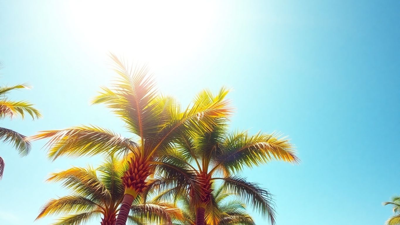 Colorful palm trees under a bright sun.