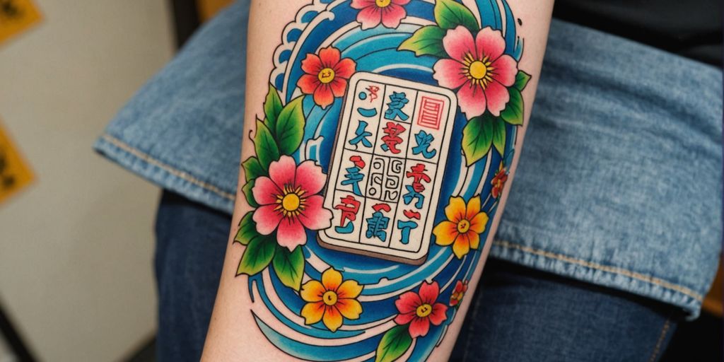 Colorful Mahjong tile tattoo on forearm with flowers.