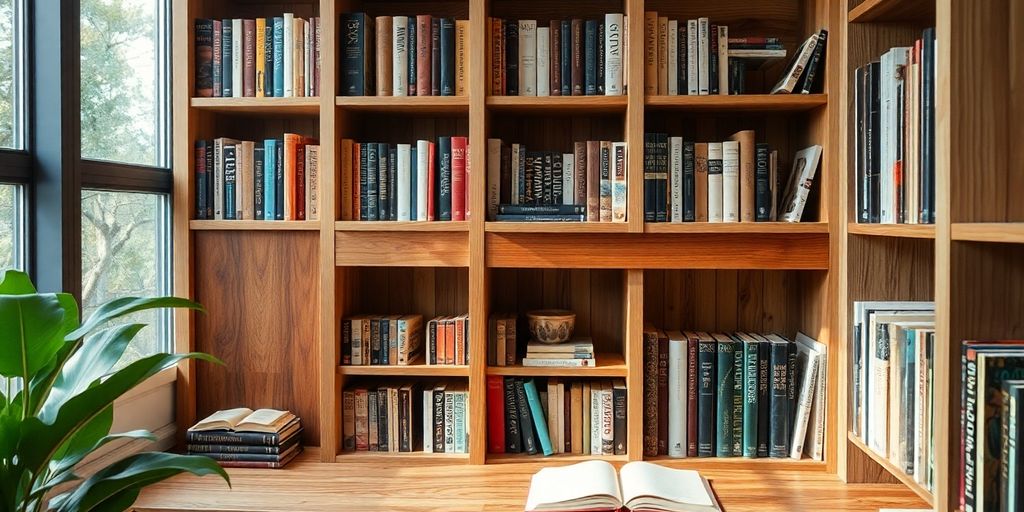 Holz-Bücherregal mit bunten Büchern und warmem Licht