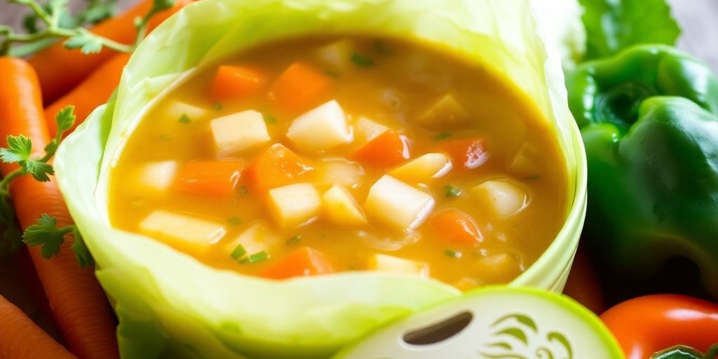 Cabbage soup bowl with fresh vegetables and diet plan.