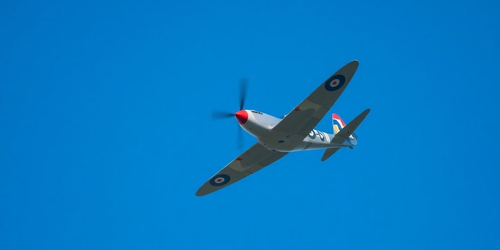 Historic Spitfire flying over a crowd at an airshow.