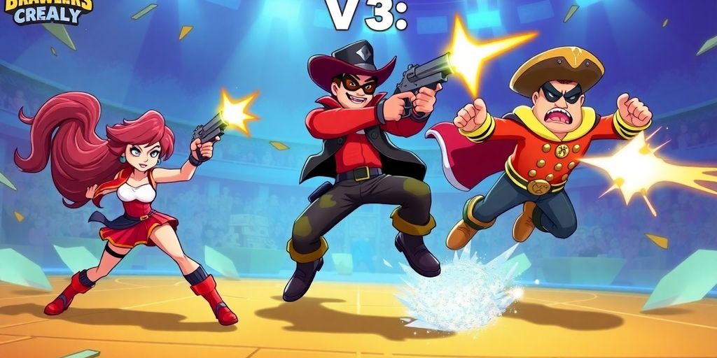 Brawl Stars characters battling in a vibrant arena.