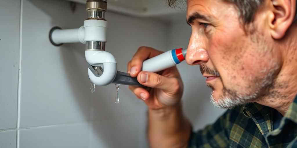 Homeowner fixing a water leak under a sink.