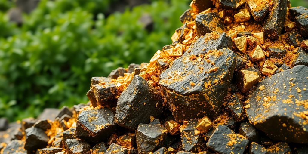Extraction d'or avec des roches et de la végétation environnante.