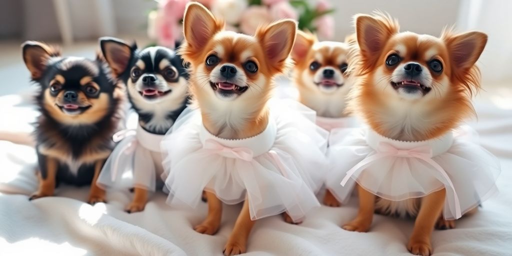Small dogs wearing bridesmaid dresses.