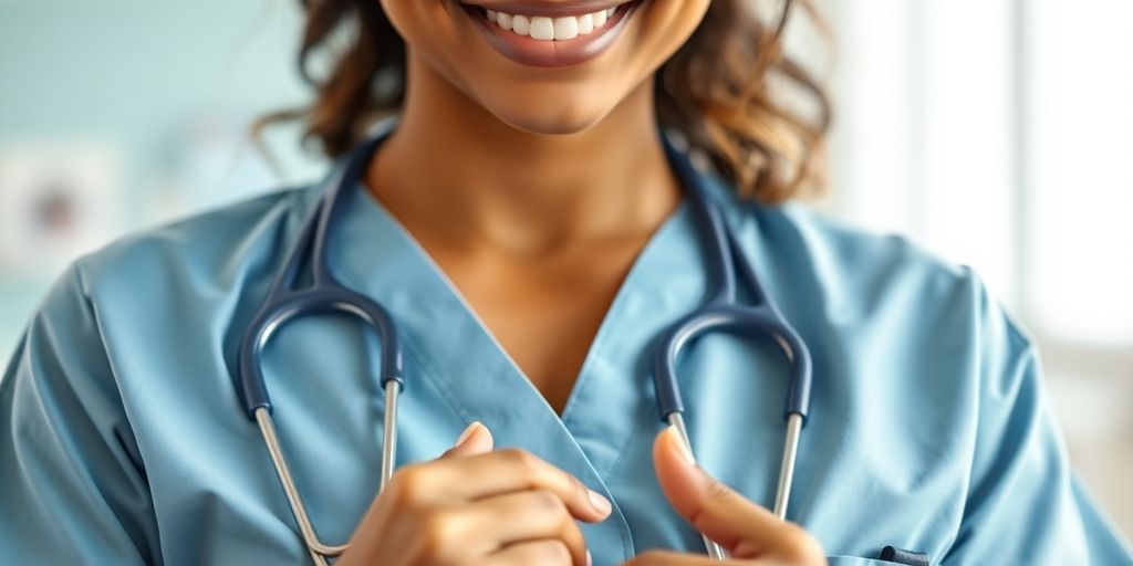 Nurse in scrubs, stethoscope, caring, illustrative