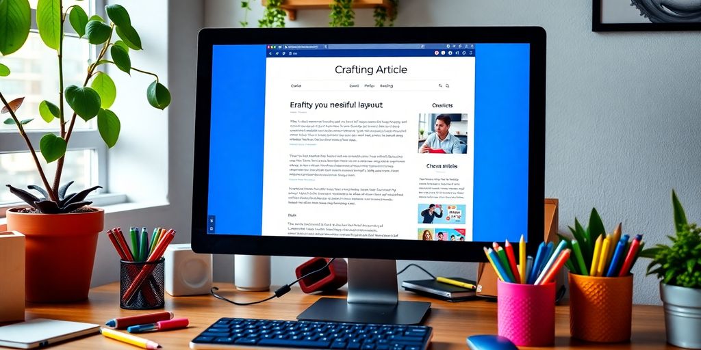 Vibrant workspace with a computer and engaging article layout.