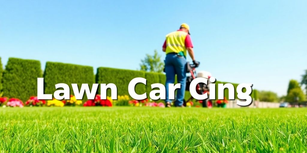 Beautiful green lawn with flowers and a lawn care professional.