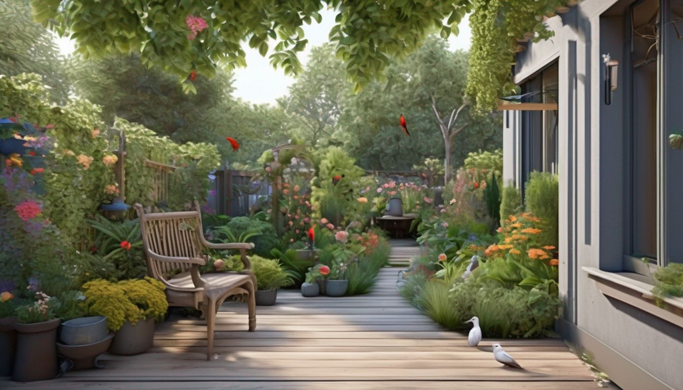 bird-friendly garden with bird feeders