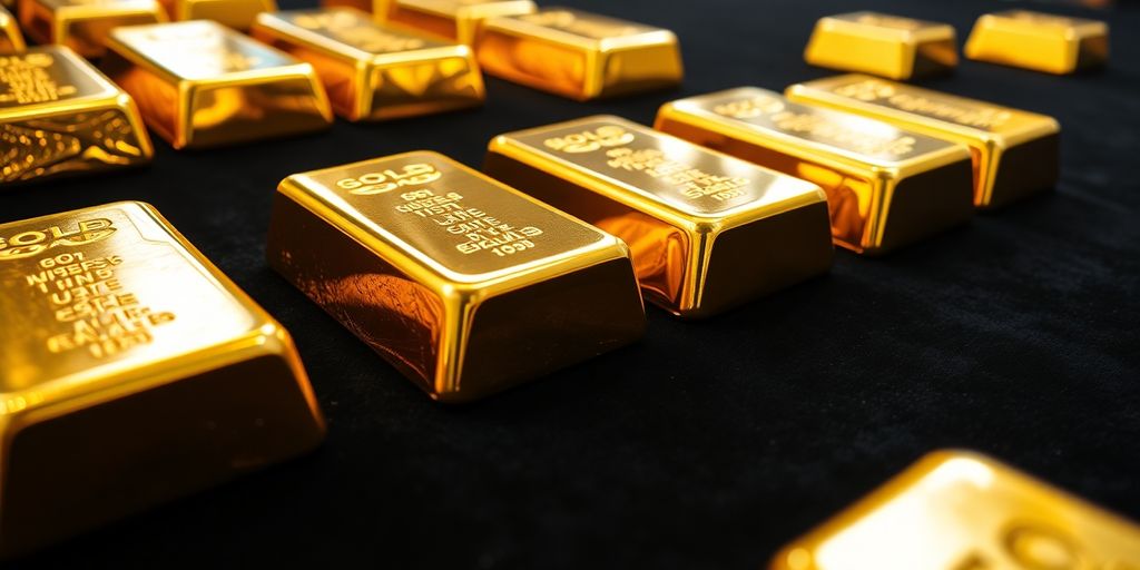 Des lingots d'or brillants sur un fond sombre.