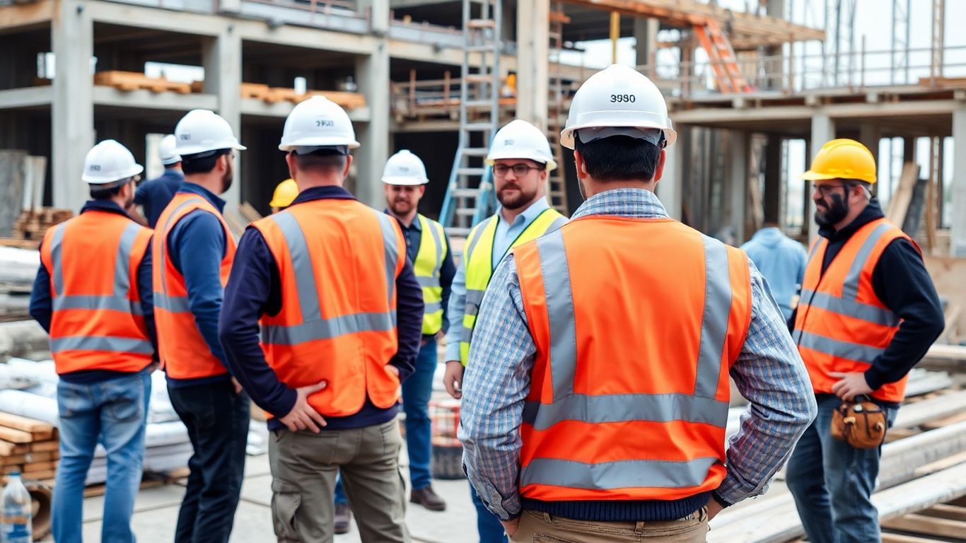 Construction workers and equipment at a building site.
