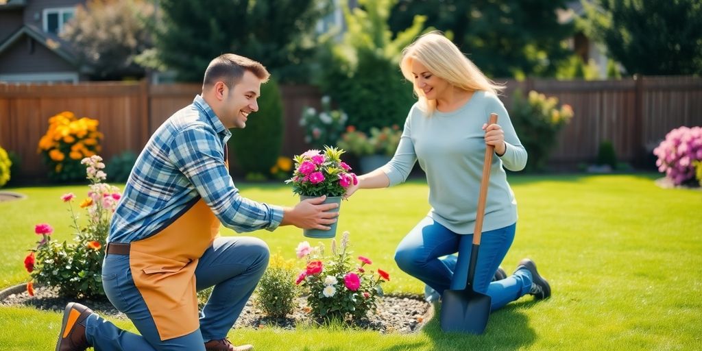 Smiling landscaper and homeowner working together in sunny backyard garden.
