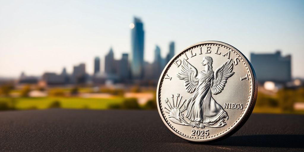 Shining silver coin, Dallas skyline background.