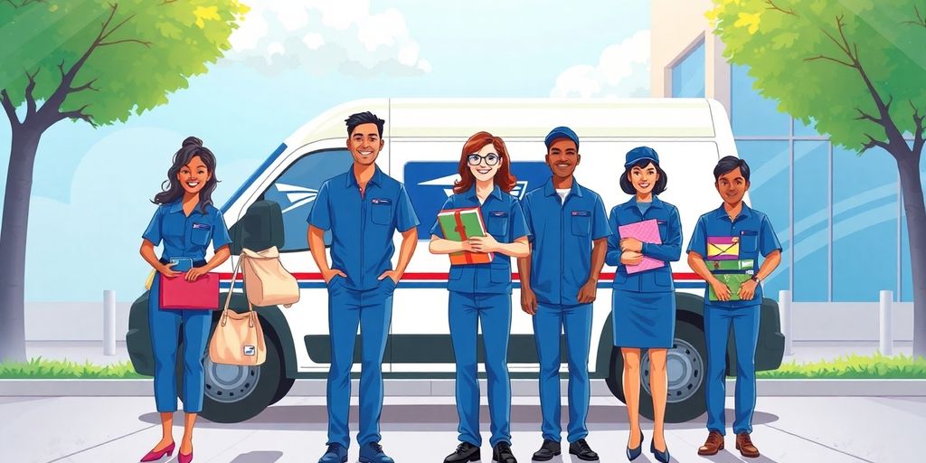 USPS workers in blue uniforms carrying mail and packages outside