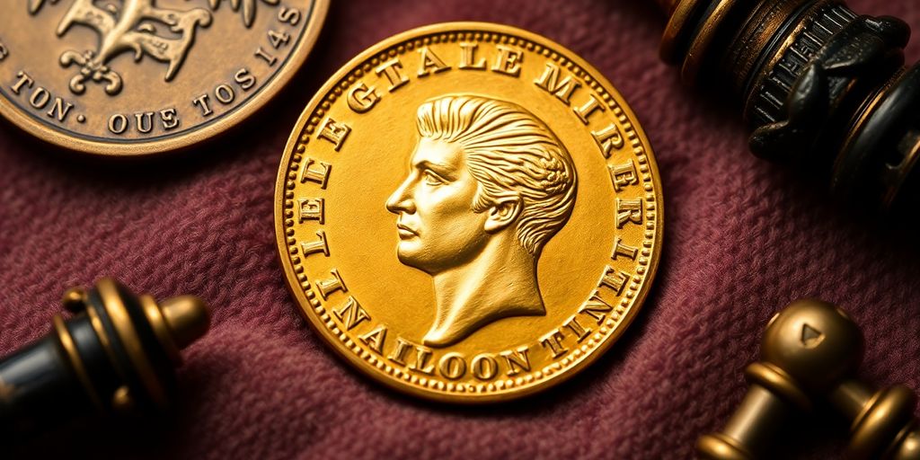 Pièce en or Napoléon sur fond en velours.