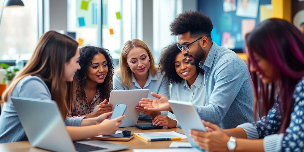 Group collaboration in a modern office setting.
