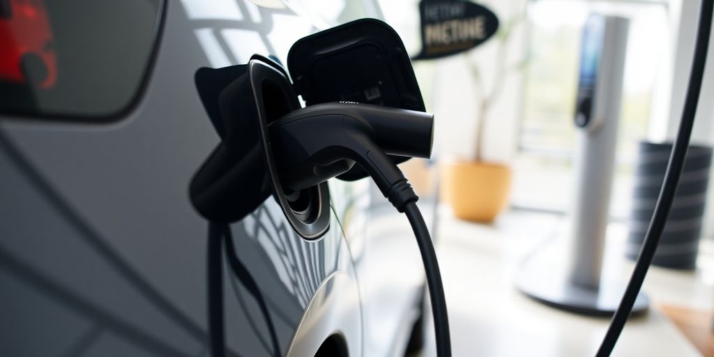 Electric vehicle charging at a modern charging station.