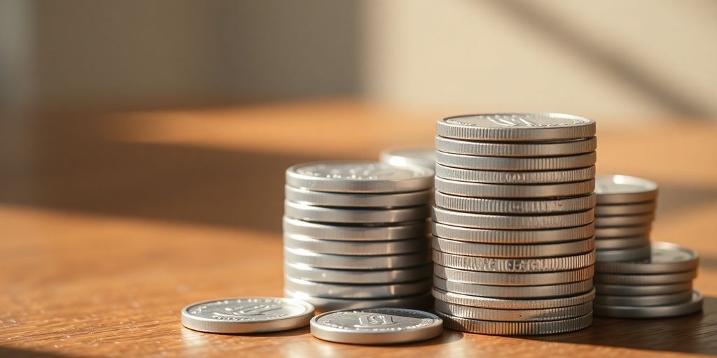 Des pièces d'argent empilées sur une surface en bois.