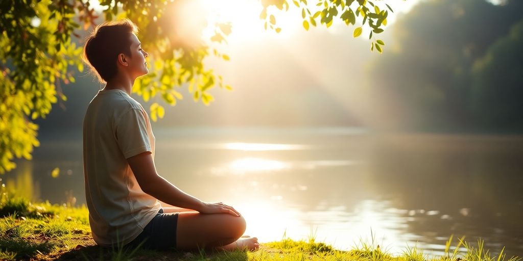 Person meditating peacefully in a serene natural setting.