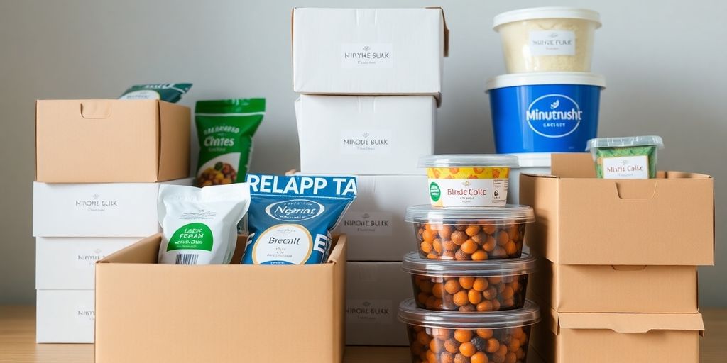 Food items neatly arranged in custom packaging.