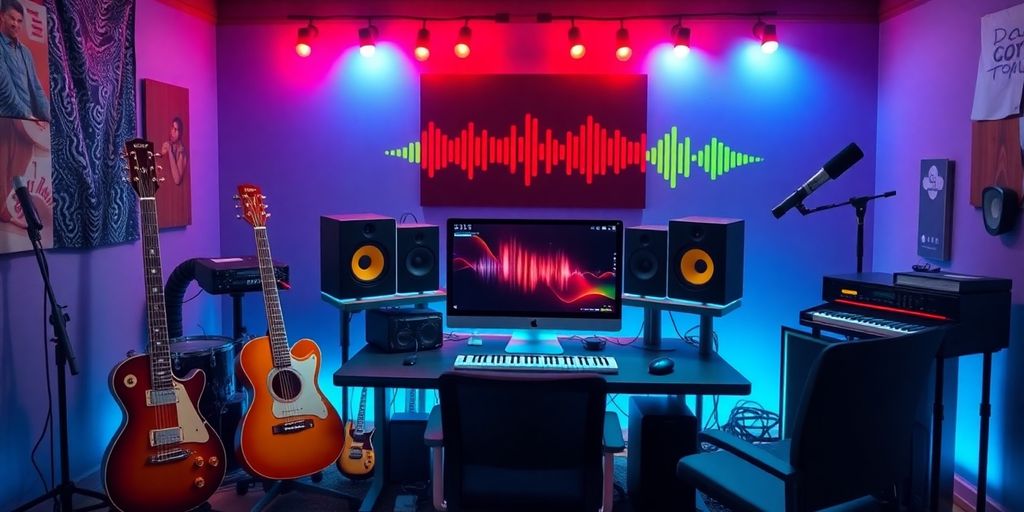 Vibrant music studio with instruments and soundwave visuals.