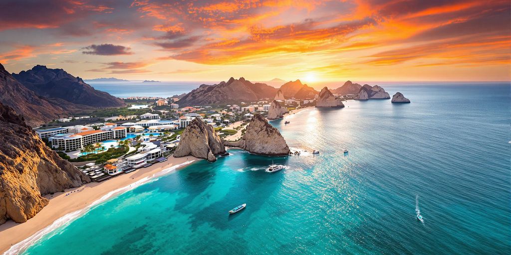 Aerial view of Cabo's luxury resorts and coastline.