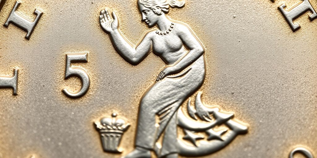 Gros plan d'une pièce de 5 francs Semeuse argentée.