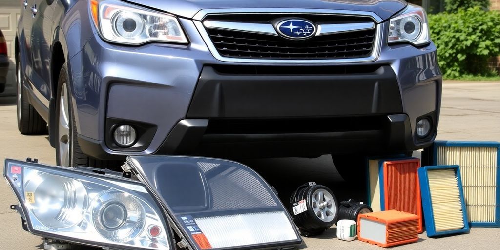 Subaru Forester with various auto parts.