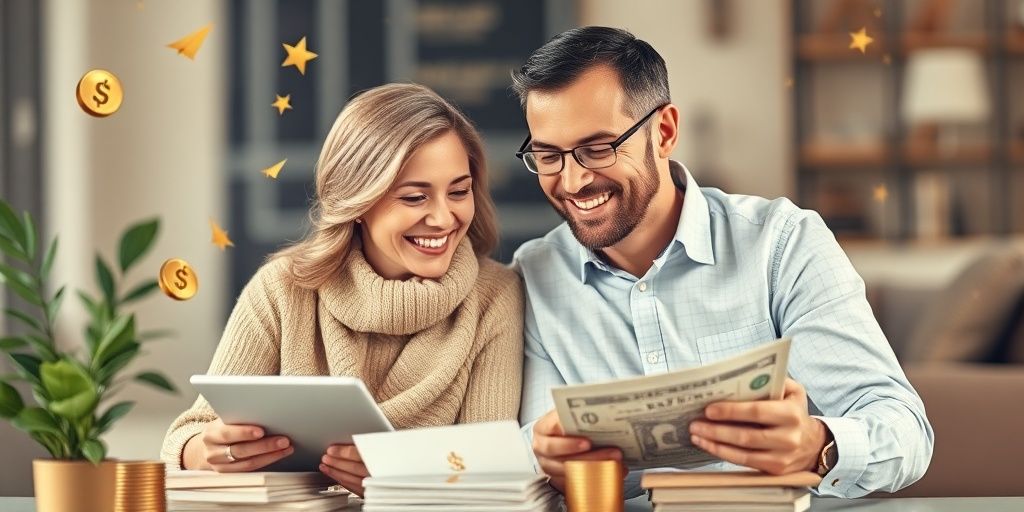 Couple investing in stocks with visible financial assets.