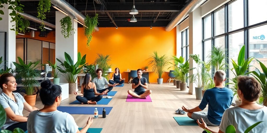 Employees practicing wellness activities in a bright office.
