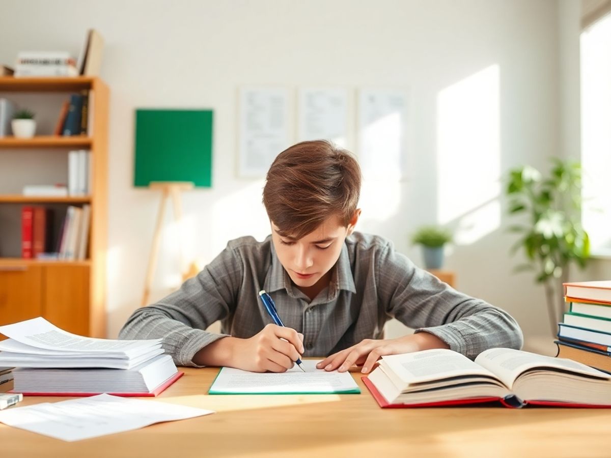 Student writing at desk with books and notes.