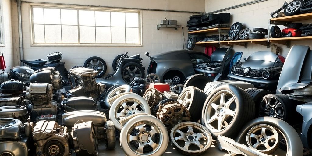 Skoda car parts laid out on a workbench.
