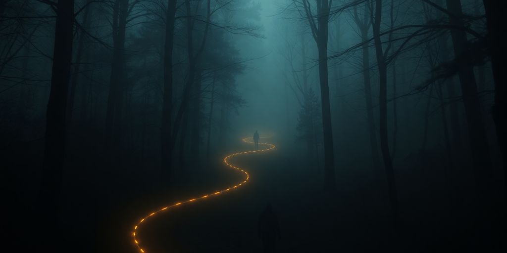 Winding path, obscured figures, digital glow.