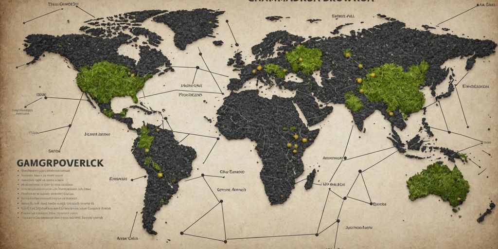 World map with chia seeds and growth arrows.