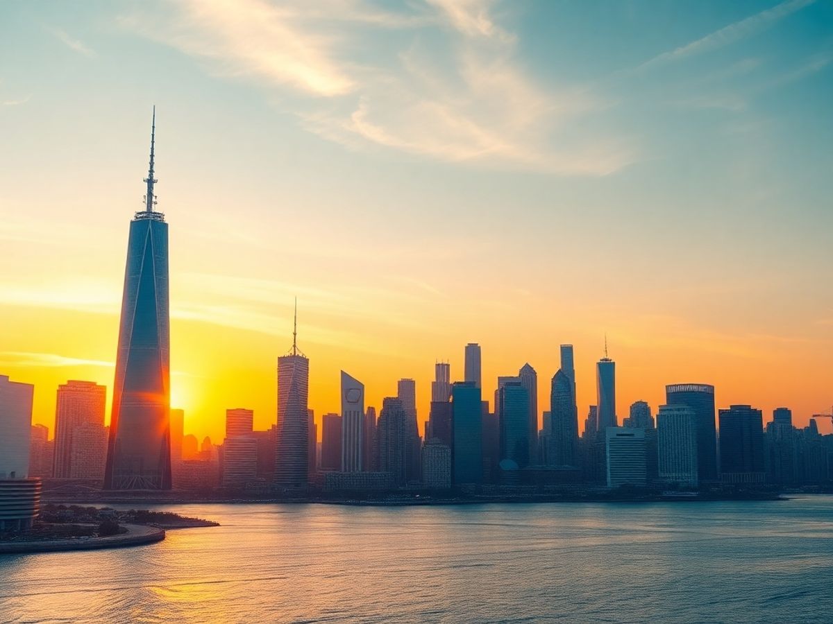 Futuristic city skyline with digital AI elements.