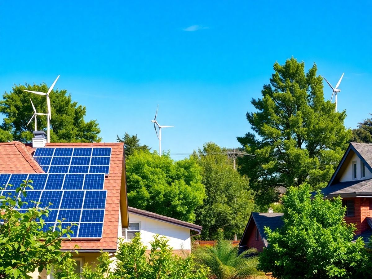 Oameni privind panouri solare și turbine eoliene verzi.