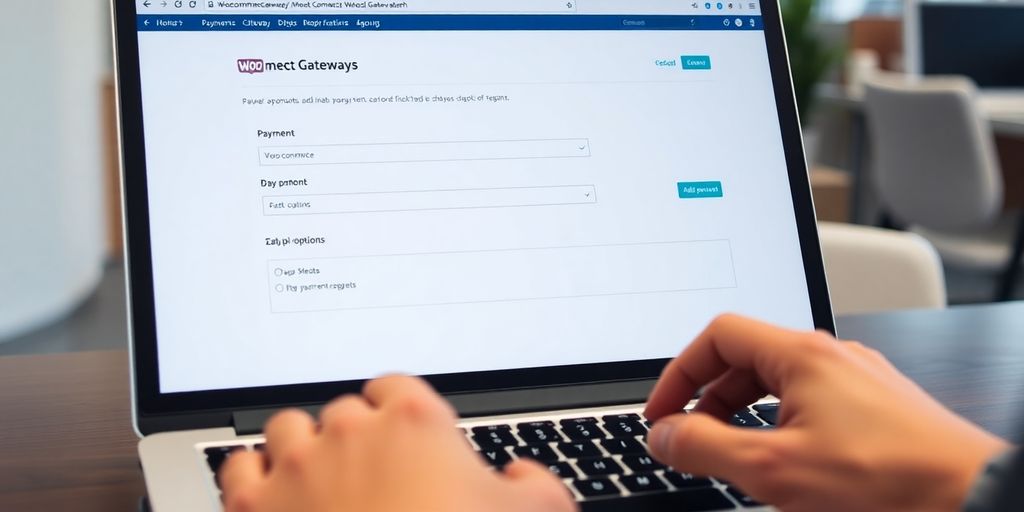 Laptop screen showing WooCommerce payment gateway settings.
