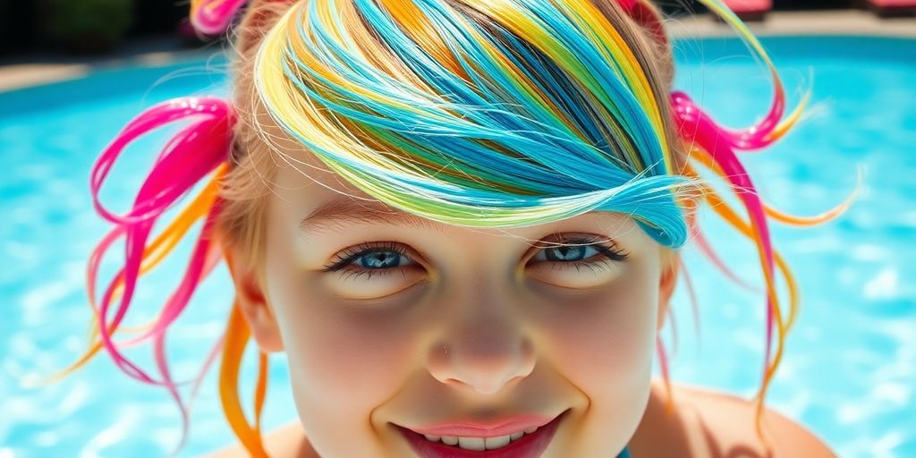 Junge mit bunten Wasserrutsche Haaren am Pool.