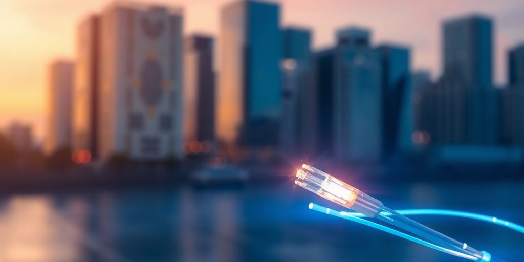 Fiberoptisk kabel i lys mot moderne bylandskap.