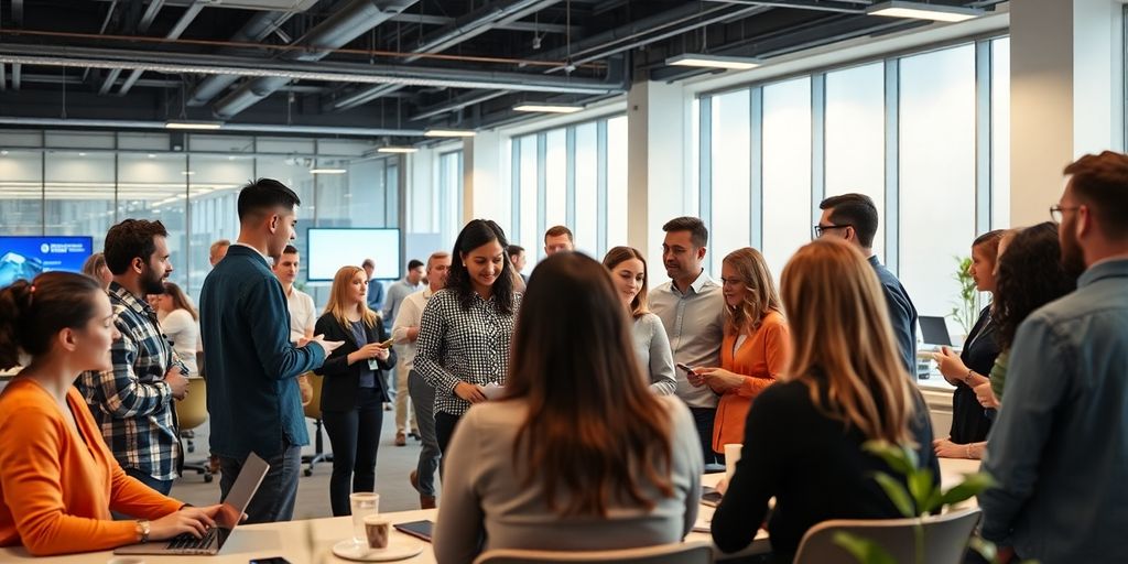 Team collaborating in a bright, modern office space.