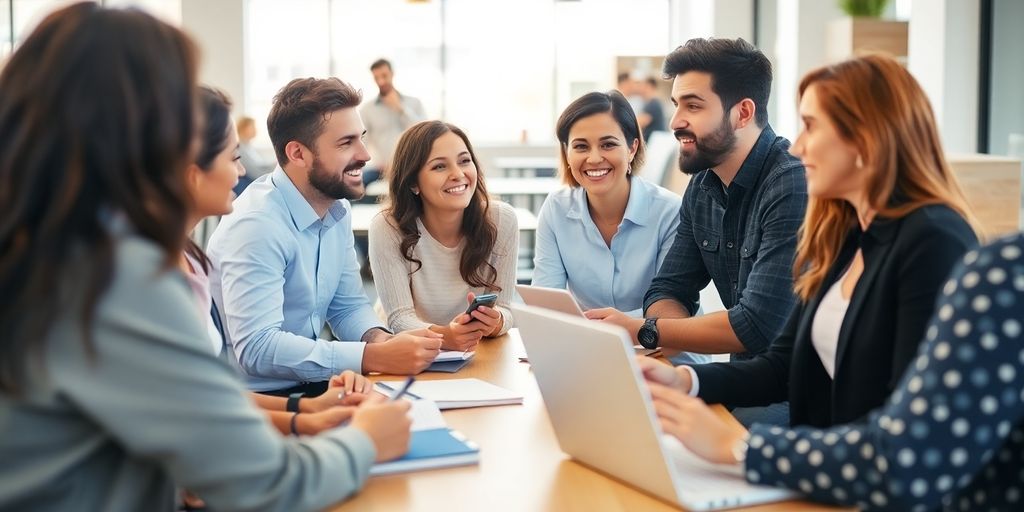 Grupo diverso conversando em um café moderno.