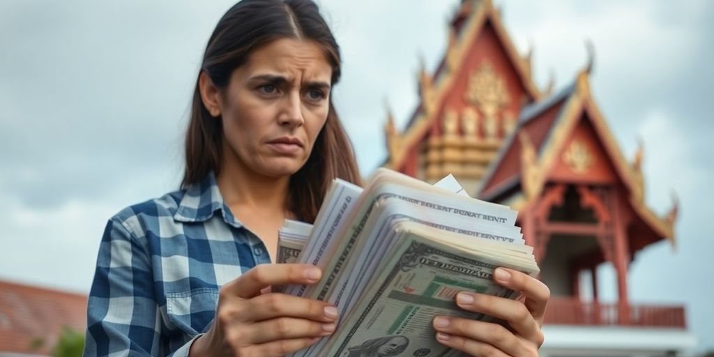 Worried homeowner with Thai temple background holding bills.