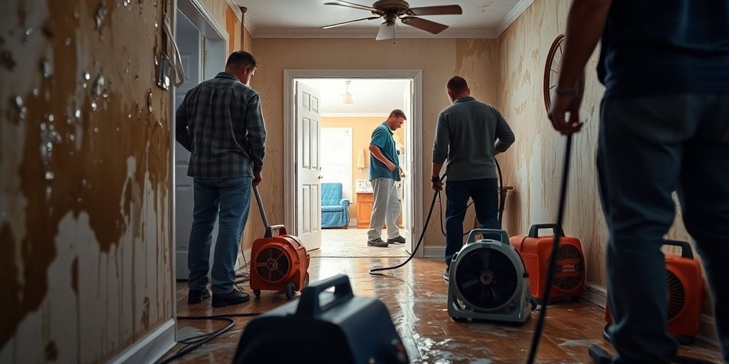 Water damage cleanup in progress with restoration workers.